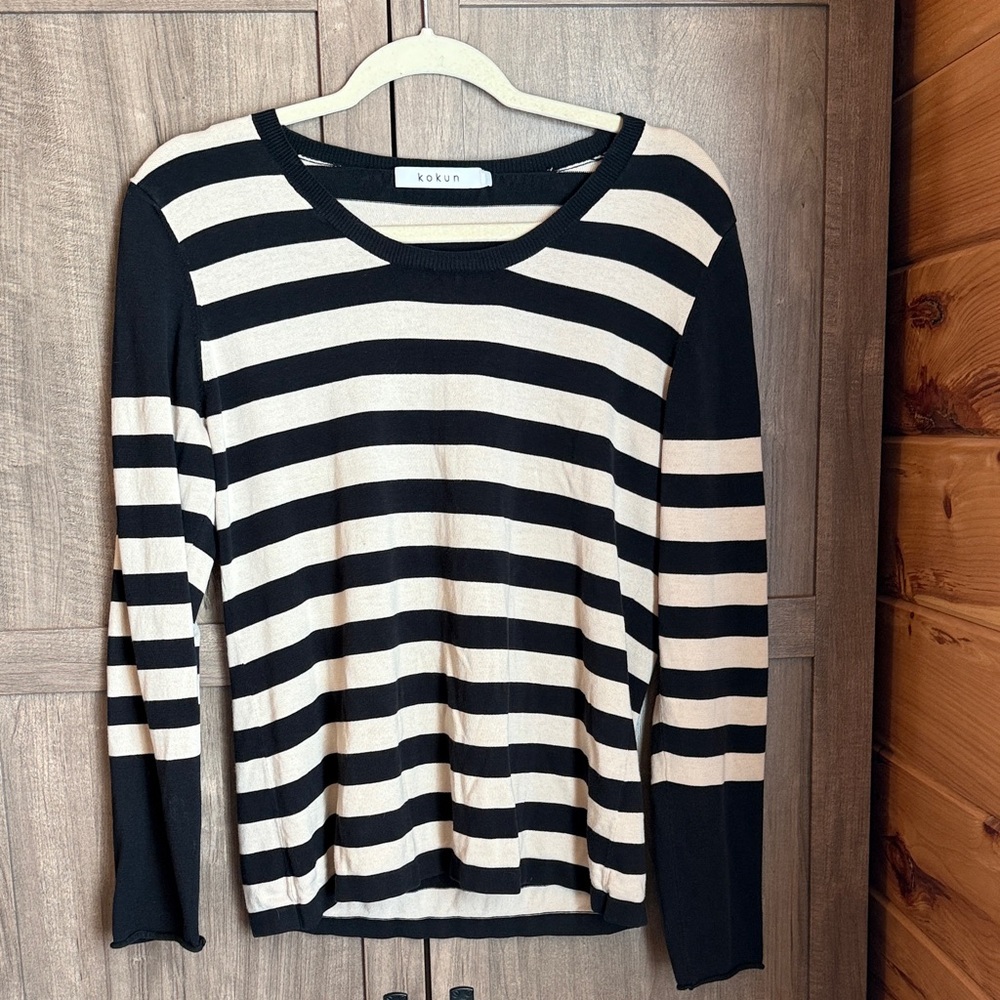 Kokun Black and Cream 100% cotton Striped Women's Long Sleeve Top